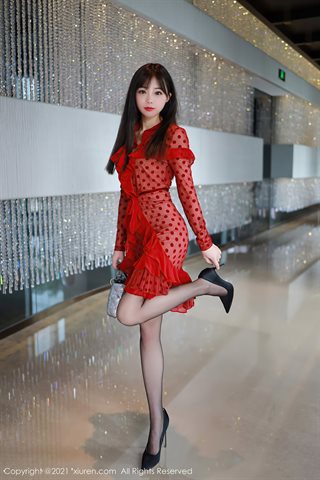 [XiuRen] No.3217 Tender model She Bella bella Guangzhou travel photo private room red dress showing red underwear sultry - 0003.jpg