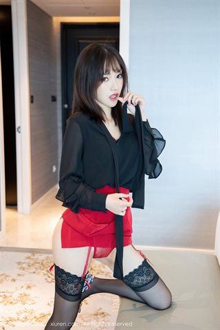 [XiuRen] No.3881 Model Ximen Xiaoyu's private room is half-exposed scarlet hollow erotic lingerie with black silk suspenders - 0014.jpg